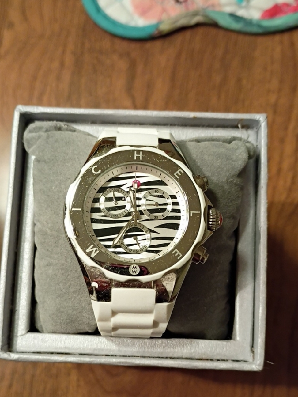 Michele Silver and White Zebra Dial Chronograph Watch